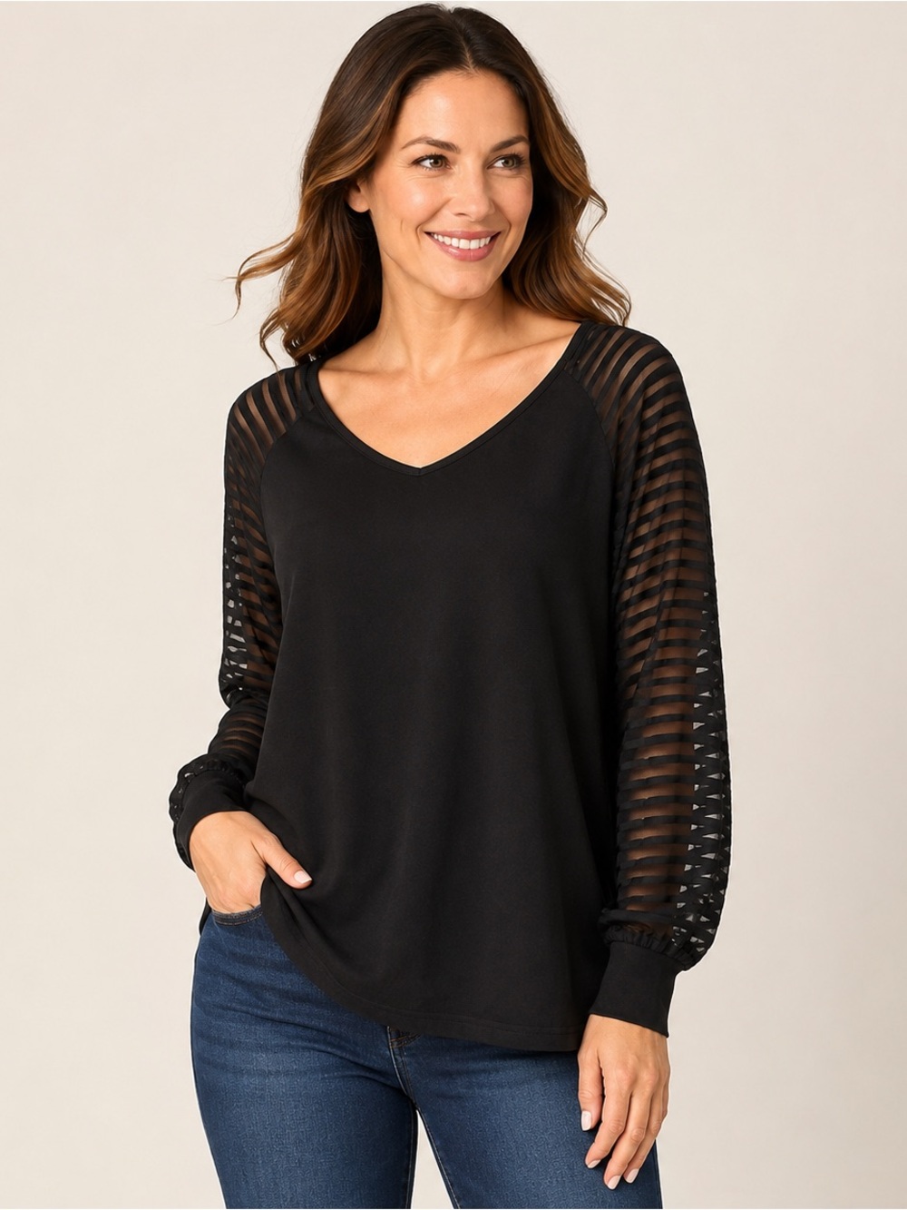 Black V-Neck Sheer Stripe Sleeve Top - Women